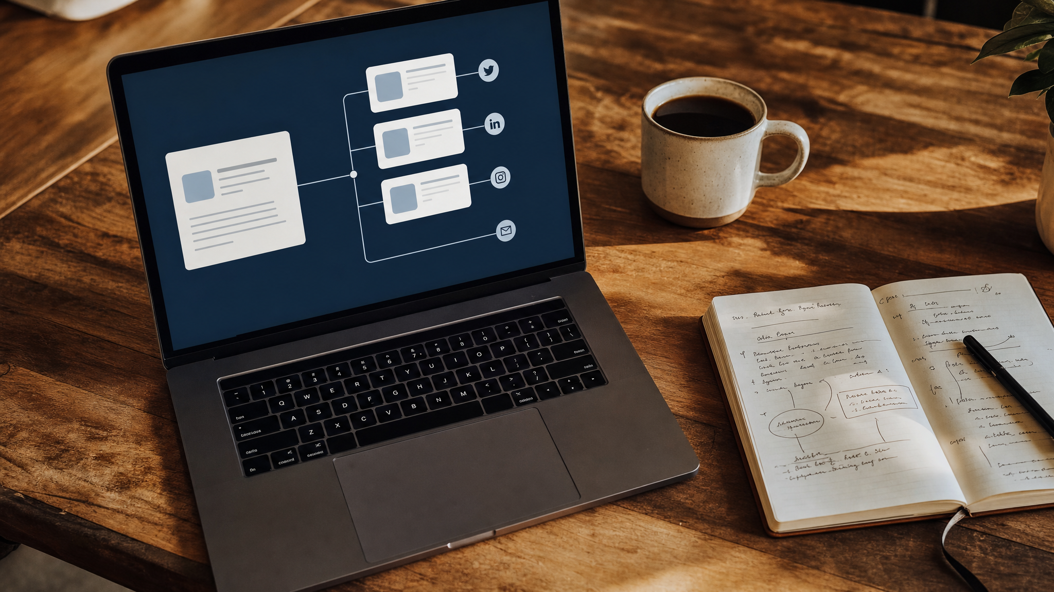 A founder's desk view with a content workflow on screen