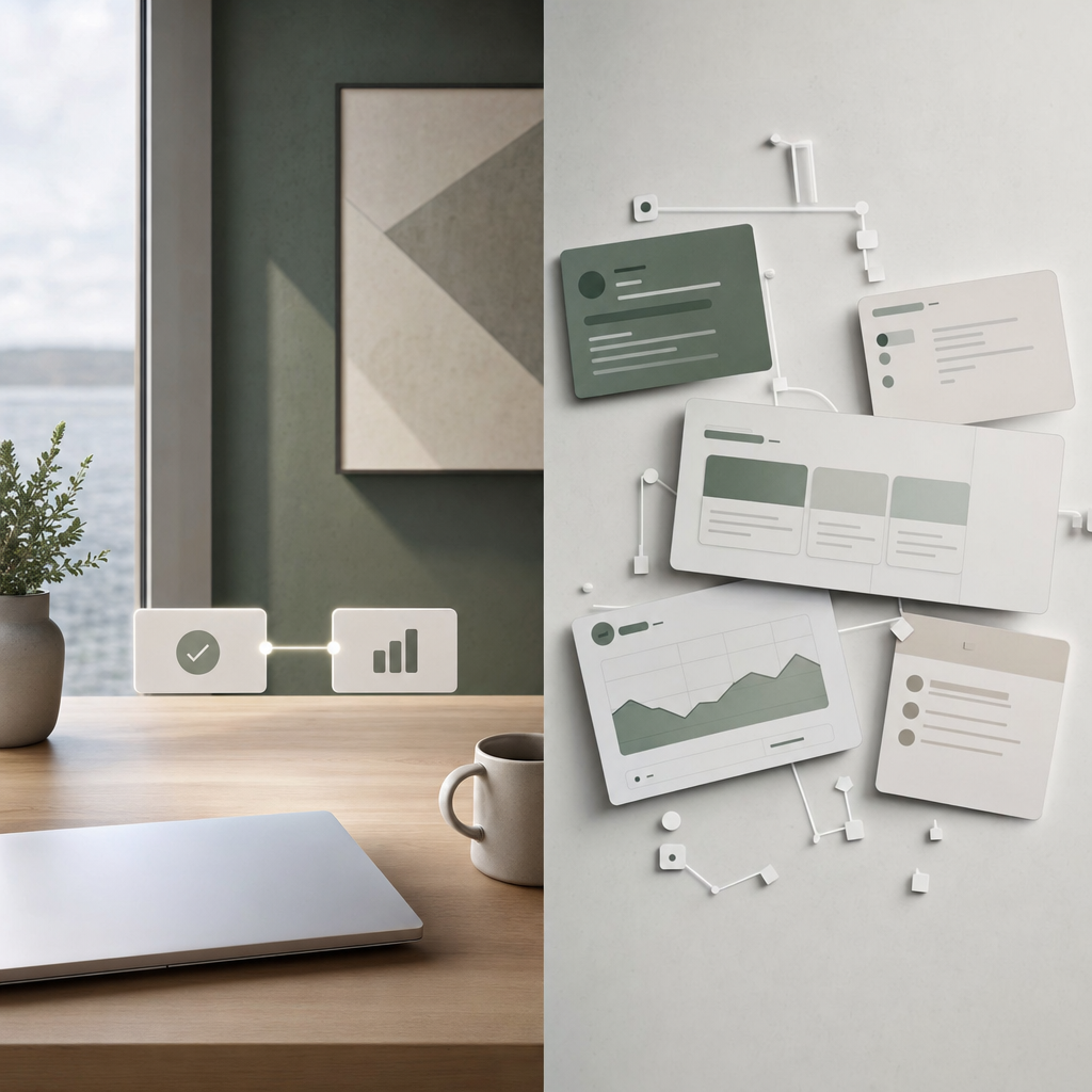 Side-by-side: a lean two-workflow setup that ships versus a five-tool stack mid-configuration